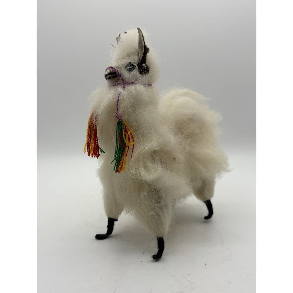 Vintage Peruvian Alpaca Wool Llama Figurine Handmade Folk Art 8" White